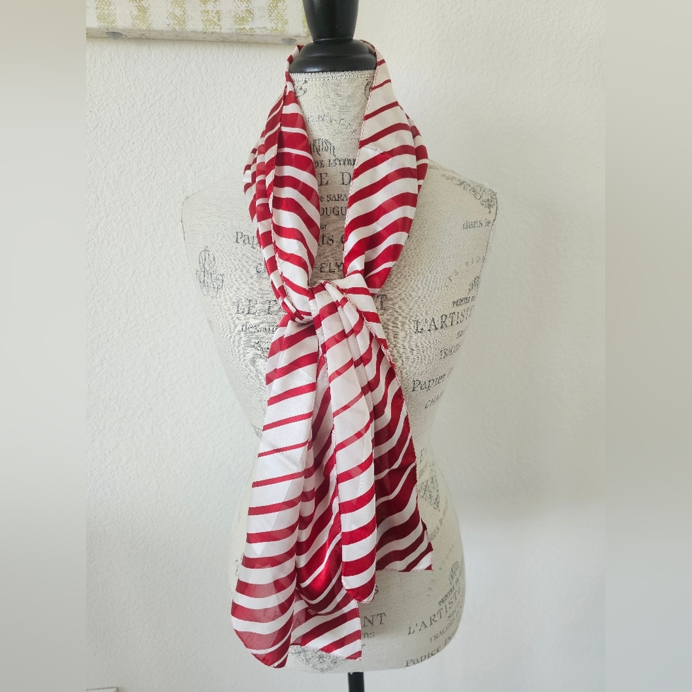 Vintage Bill Blass Silk Scarf Red & White Candy Stripe 100% Silk